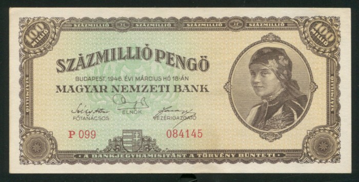 t158 UNGARIA 100 milioane Pengo 1946 sz&aacute;zmilli&oacute; Pengő SUPERINFLATIE XF / aUNC