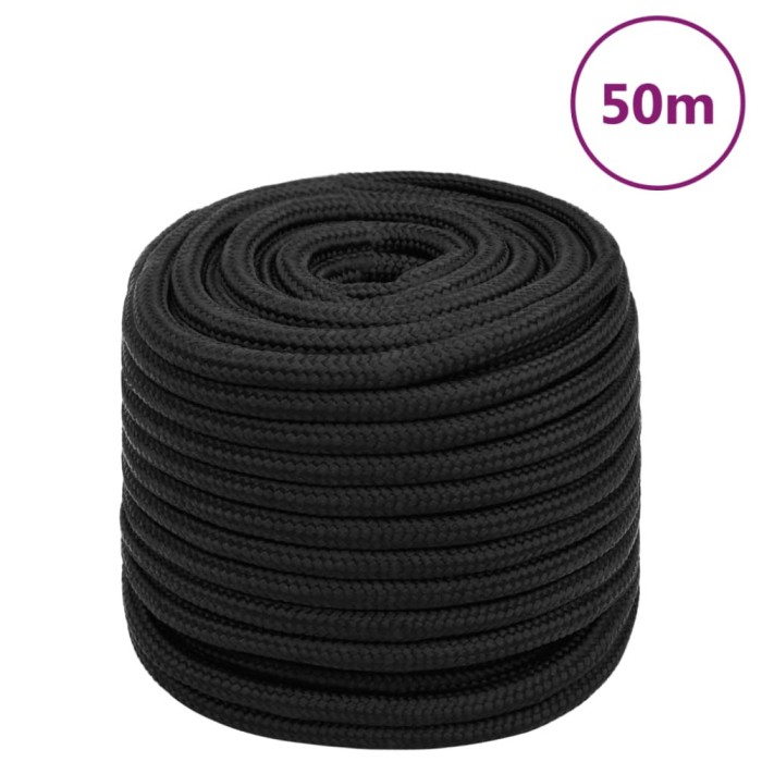 vidaXL Fr&acirc;nghie de barcă, negru complet, 18 mm, 50 m, polipropilenă