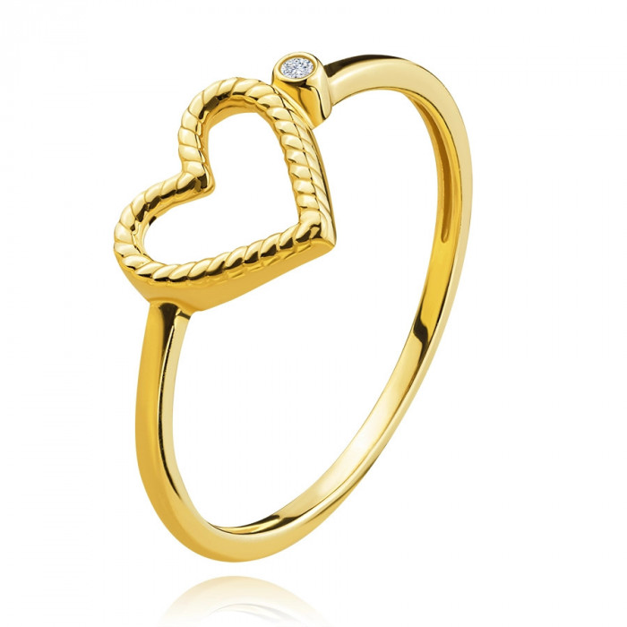 Inel din aur galben 585 - inimă canelată, zircon rotund - Marime inel: 52