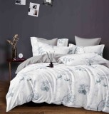 Cumpara ieftin Lenjerie pat dublu,bumbac finet,6 piese,cearceaf cu elastic,alba gri cu flori-A976, Jojo Home