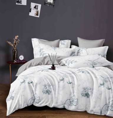 Lenjerie pat dublu,bumbac finet,6 piese,cearceaf cu elastic,alba gri cu flori-A976 foto