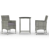 Set mobilier bistro gradina, 3 piese, gri, poliratan si sticla