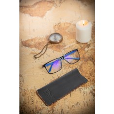 Toc Etui ochelari soare vedere din piele naturala, Handmade, lucrat si cusut manual, Mark, Negru, Produs in Romania