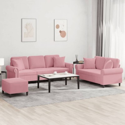 vidaXL Set canapea cu perne, 3 piese, roz, catifea 3202283 foto