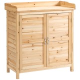 Dulap de exterior Outsunny cu 2 rafturi din lemn de brad cu design &icirc;nălțat și 2 uși, 83x40x92 cm, culoarea lemnului | Aosom Romania