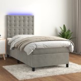 Gossi pat cu arcuri, saltea si led, gri deschis, 90x190 cm, catifea