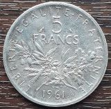 (A956) MONEDA DIN ARGINT FRANTA - 5 FRANCS 1961, SEMANATOAREA, 12 GRAME, AG 835