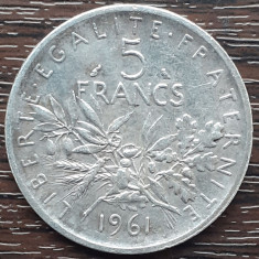 (A956) MONEDA DIN ARGINT FRANTA - 5 FRANCS 1961, SEMANATOAREA, 12 GRAME, AG 835