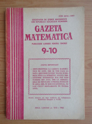 Revista Gazeta Matematica. Anul LXXXVII, nr. 9-10 / 1982 foto