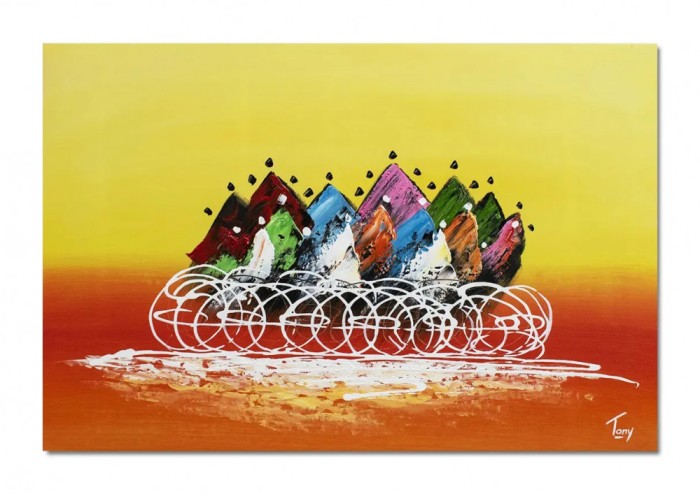 Tablou modern biciclisti pictat manual, Cursa ciclista, 90x60cm ulei pe panza in relief efect 3D