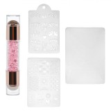 Set Decorare Unghii, JB Beauty, Stamper Silicon Dublu, Cristale Roz, 3 Plăci Modele, Oem