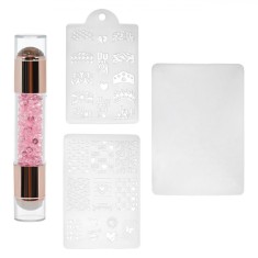 Set Decorare Unghii, JB Beauty, Stamper Silicon Dublu, Cristale Roz, 3 Plăci Modele