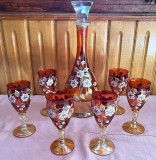 Set - Vin - Cristal Bohemia - rosu - pictat manual - 6 persoane, Decorative