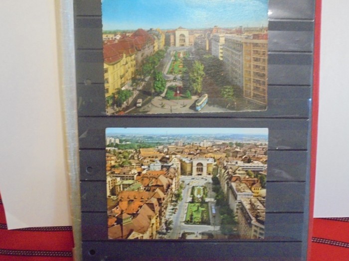 R.S.R.- TIMISOARA - 2 VEDERI AERIENE A CENTRULUI ORASULUI - PRIMA,1965,EDITURA KRUGER - A DOUA,1978,EDITURA MERIDIANE - CIRCULATE, TIMBRATE -