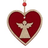 Ornament Brad Craciun, Inimă Lemn Catifelată, Ingeras Glitter Auriu, Bordo, 8.5 cm, Oem