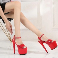 Sandale cu Platforma si Toc Stiletto Inalt, Lacuite, Rosu, Marime 42