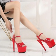 Sandale cu Platforma si Toc Stiletto Inalt, Lacuite, Rosu, Marime 42