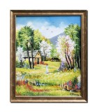 Cumpara ieftin Tablou inramat peisaj cu copaci infloriti pictat manual, O zi minunata, 55x45cm ulei pe panza, Constantin Feraru