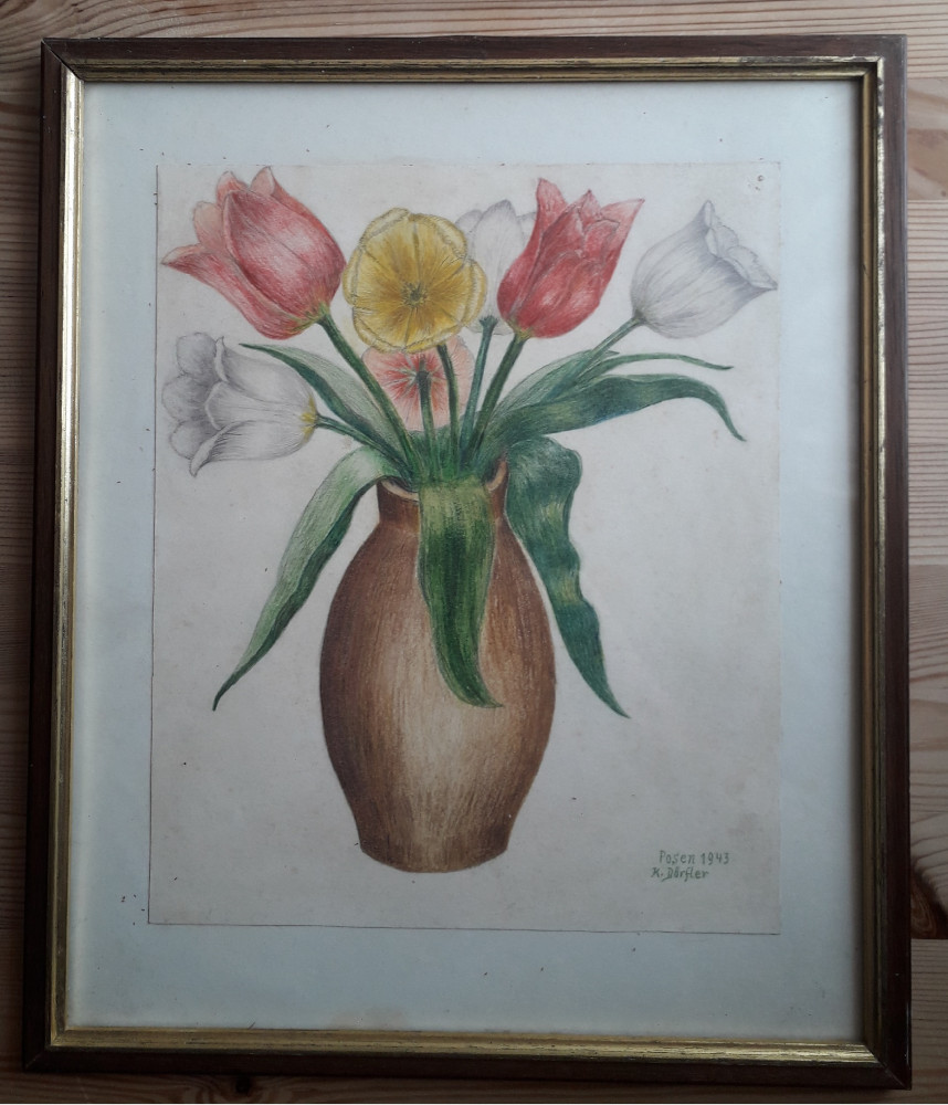 Tablou cu flori – desen, semnat şi datat 1943, Pastel, Art Deco | Okazii.ro