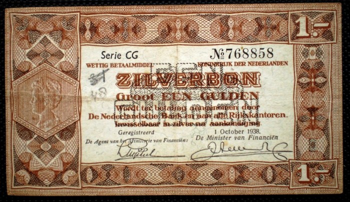 41 OLANDA ZILVERBON 1 GULDEN 1938 SR. 352