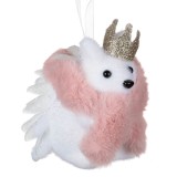 Ornament Brad Craciun, Model Arici, Spuma, Alb, Fular Blană Roz, Coroniță Glitter, 10.5cm, Oem