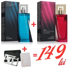 Set 2 parfumuri Attraction Closer For Him For Her + multitool card din otel inoxidabil , oferta speciala 149 lei