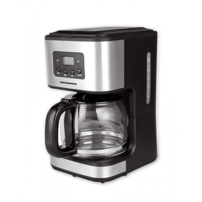 Cafetiera Heinner, 900 W, 1.5 l, plastic/inox, cana sticla, timer electronic, afisaj LCD, Negru/Argintiu