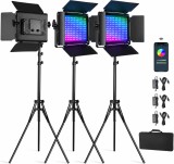 Cumpara ieftin Set profesional iluminare studio cu 3 panouri LED RGB 50W, control prin aplicatie Bluetooth, 3200K-5600K, CRI97+, trepiede reglabile, pentru fotografi