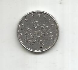 (No2) moneda-Anglia- 5 pence 1991 foto