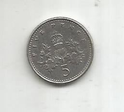 (No2) moneda-Anglia- 5 pence 1991