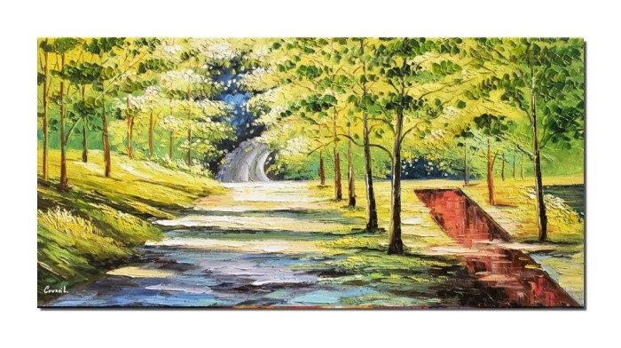 Tablou living pictat manual, Peisaj din padure, aer curat, 120x60cm ulei pe panza in relief efect 3D