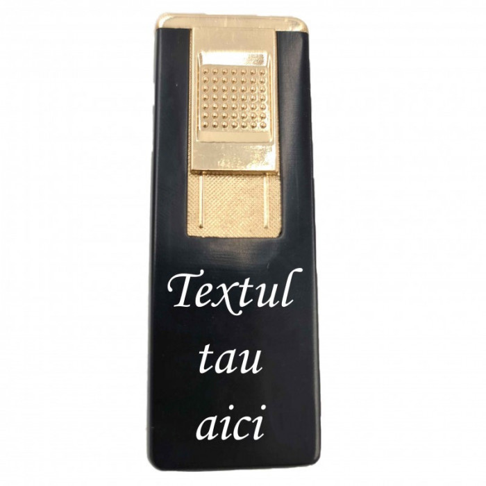 Bricheta metalica gravata personalizata cu textul tau, cu gaz, antivant, reincarcabila, neagra, cutie