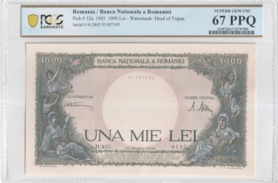 1000 lei Martie 1945 PCGS67 UNC bancnota gradata foto