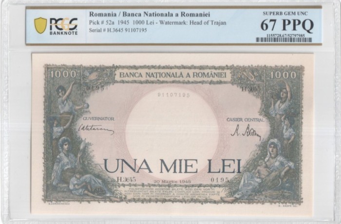 1000 lei Martie 1945 PCGS67 UNC bancnota gradata