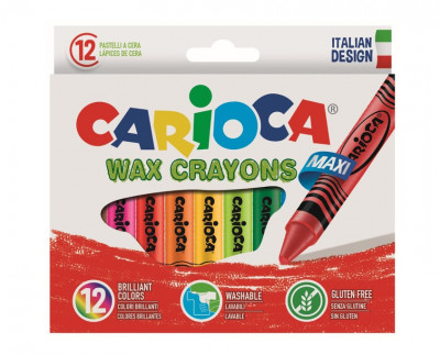 Creioane Cerate, Rotunde, Lavabile, D-12mm, 12 Culori/cutie, Carioca Wax Crayon Maxi foto