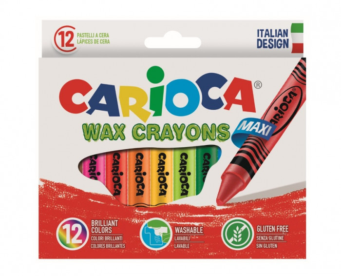 Creioane Cerate, Rotunde, Lavabile, D-12mm, 12 Culori/cutie, Carioca Wax Crayon Maxi