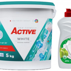 Detergent pudra pentru rufe albe Active, galeata 5kg, 65 spalari + Detergent de vase lichid Active, 0.5 litri, mar