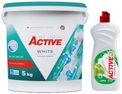 Detergent pudra pentru rufe albe Active, galeata 5kg, 65 spalari + Detergent de vase lichid Active, 0.5 litri, mar foto