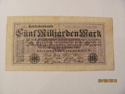 CY 5000000000 5 miliarde marci mark 20.10.1923 Reichsbanknote Germania unifata foto