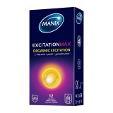 Prezervative MANIX Excitation Max, din latex, lubrifiate, texturate și rezistente, cu efect de &icirc;ncălzire, diametru 53 mm, 12 buc