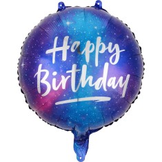 Balon din folie metalizata, flippy, mini figurina rotunda, model cer instelat, happy birthday, tematica aniversare, 45 cm, ambalaj individual, pai inc