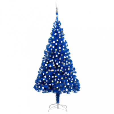 Set pom Crăciun artificial LED-uri&amp;amp;globuri albastru 240cm, PVC foto