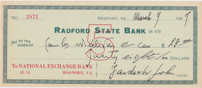 CHECK RADFORD STATE BANK 1917 XF WTMK foto
