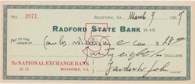 CHECK RADFORD STATE BANK 1917 XF WTMK foto