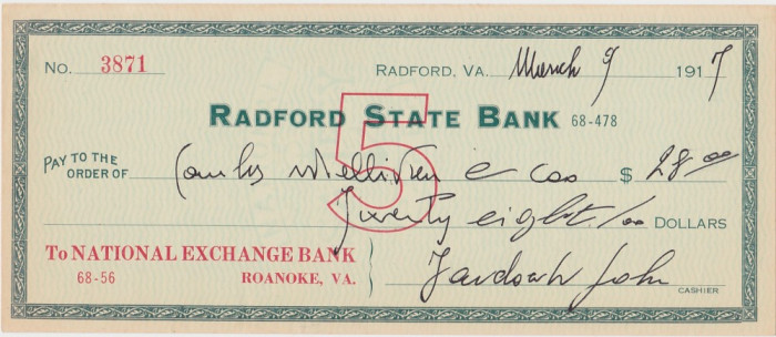 CHECK RADFORD STATE BANK 1917 XF WTMK