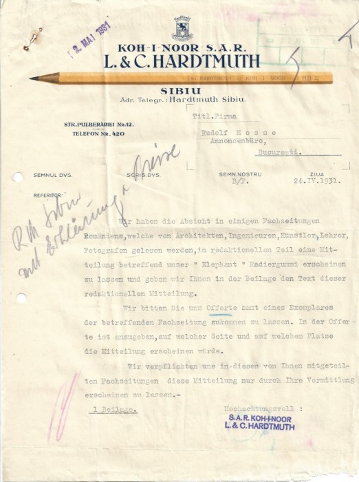 A3043N Act cu antet Koh-I-Noor SAR, L &amp; C Hardtmuth, Sibiu, 1931
