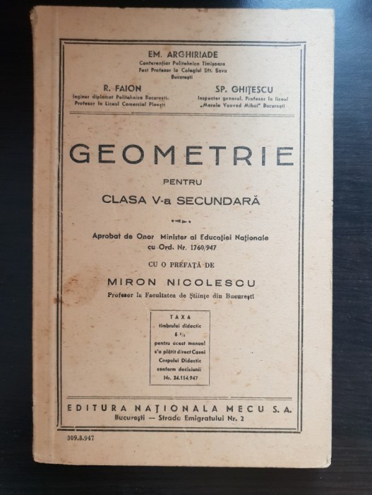 Geometrie pentru clasa V-a secundară - Em. Arghiriade, R. Faion, Sp. Ghițescu