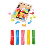 Joc puzzle din lemn cu forme colorate + betisoare de numarat, set educativ pentru creat modele si invatare copii