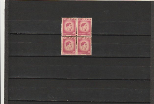RO - 1945 LP 188 MIHAI I VAL 20 LEI BLOC DE 4 TIMBRE DANTELATURA INTRERUPTA MNH