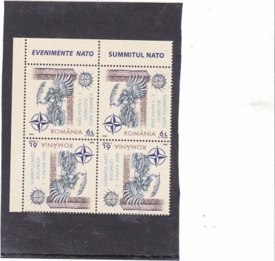 SUMMITUL NATO BUCURESTI,TETE-BECHE BLOC DE 4,Lp.1798d,2008, MNH ** ROMANIA foto
